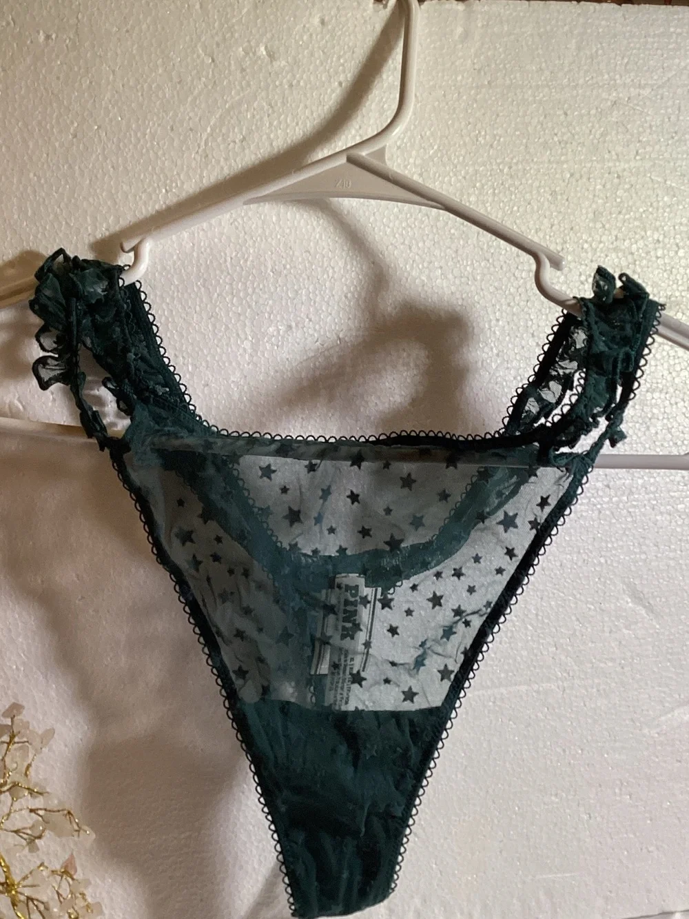 PINK Victoria's Secret Dark Green Star Sheer Lace Thong